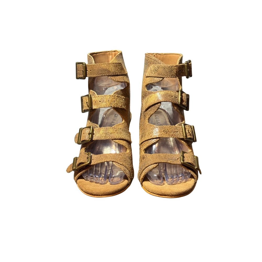 NWOT Diba True Invited Distressed Gold Leather Buckle Wedge Sandals W7 Brown - Picture 2 of 8